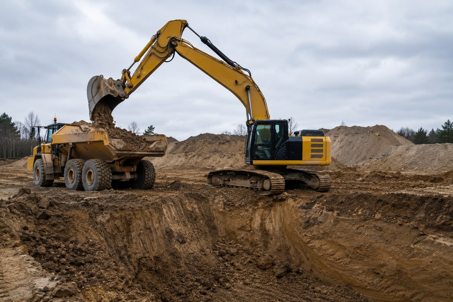 Bagger beim Aushub, der einen Dumper belädt