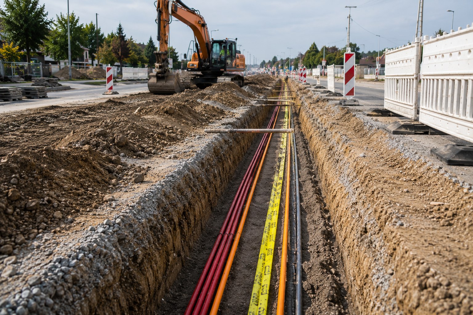 Offene Trasse mit Schutzrohren und Kabeltiefbau entlang der Straße