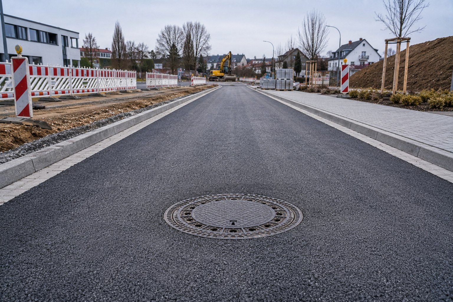 Fertige, verfüllte Trasse mit Schachtdeckel in neuer Fahrbahn
